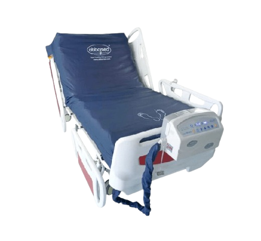 Front Left Side View Of The ObboMed OB-2000 StandardAir Alternating Pressure Low Air Loss Mattress Shown In The Chair Position
