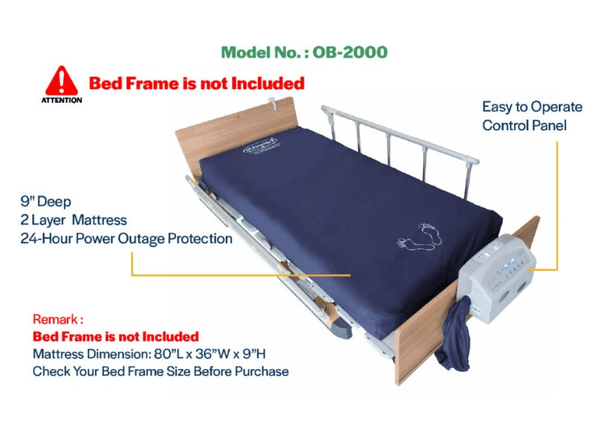 Front Left Side View Of The ObboMed OB-2000 StandardAir Alternating Pressure Low Air Loss Mattress Shown In The Flat Position With Descriptive Text