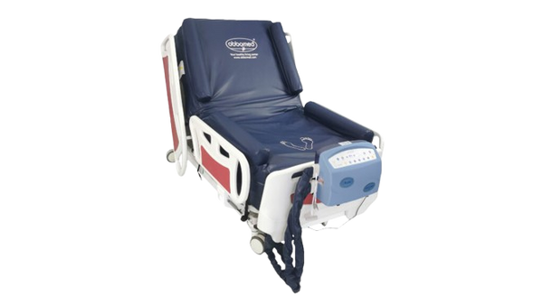 Front Left Side View Of The ObboMed OB-2680 PremiumAir Low Air Loss Mattress with Inflatable Guardrails Shown In The Fowler Position