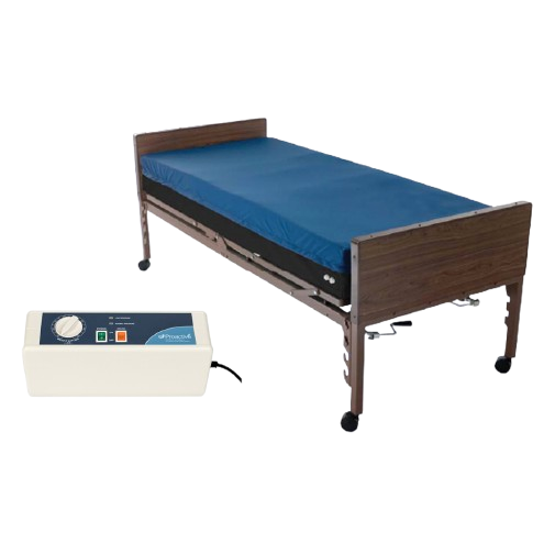 Front Left Side View Of The Proactive Medical Protekt Supreme Support Mattress Shown Lying On A Manual Adjustable Hospital Bed With Optional Control Unit