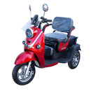 Front Left Side View Of The Pushpak Motors- Pushpak 1000 Two-Person Electric Scooter Shown In The Red Color