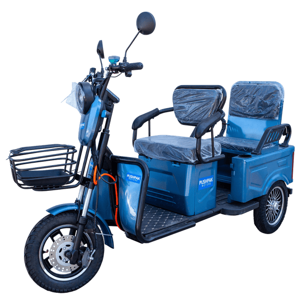 Front Left Side View Of The Pushpak Motors- Pushpak 3000 Two-Person Electric Scooter Shown In Blue Color