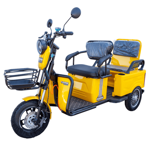 Front Left Side View Of The Pushpak Motors- Pushpak 3000 Two-Person Electric Scooter Shown In Yellow Color