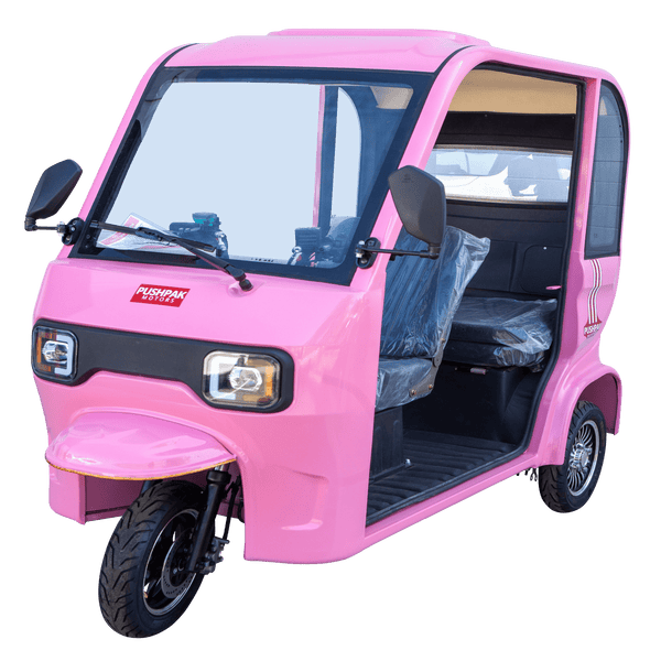 Front Left Side View Of The Pushpak Motors- Pushpak 7000 Three-Person Electric Scooter Shown In The Pink Color