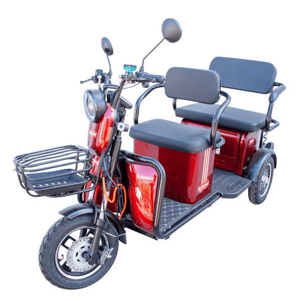 Front Left Side View Of The Pushpak Motors- Pushpak 7000 Two-Person Electric Scooter Shown In Red Color