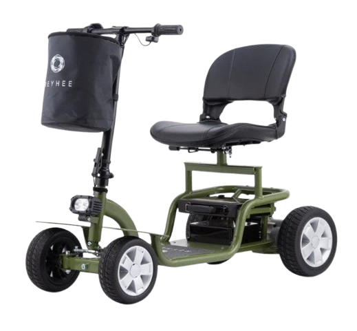 Front Left Side View Of The Reyhee EXO Electric Mobility Scooter Shown In The Green Color
