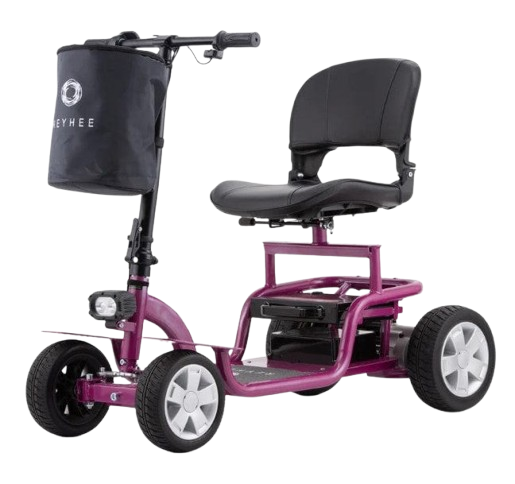 Front Left Side View Of The Reyhee EXO Electric Mobility Scooter Shown In The Purple Color