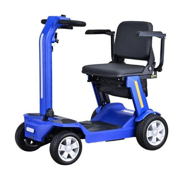 Front Left Side View Of The Reyhee Flex Electric Folding Mobility Scooter Shown With The Blue Frame