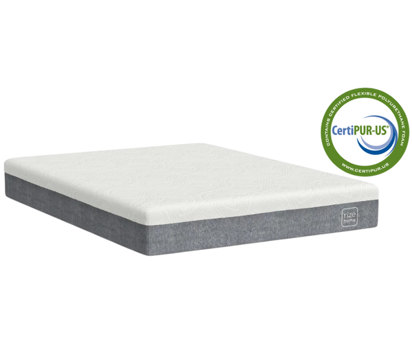Front Left Side View Of The Rize Home Cool Flex 10" Hybrid Mattress With CertiPUR-US Logo