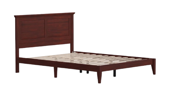 Front Left Side View Of The Rize Home Cottage Style Wooden Bed Frame Shown In Classic Cherry Color