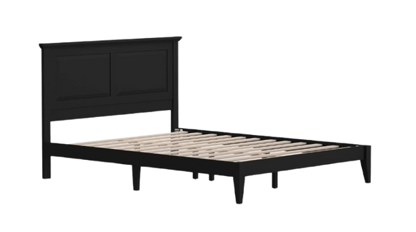 Front Left Side View Of The Rize Home Cottage Style Wooden Bed Frame Shown In Ebony Black Color