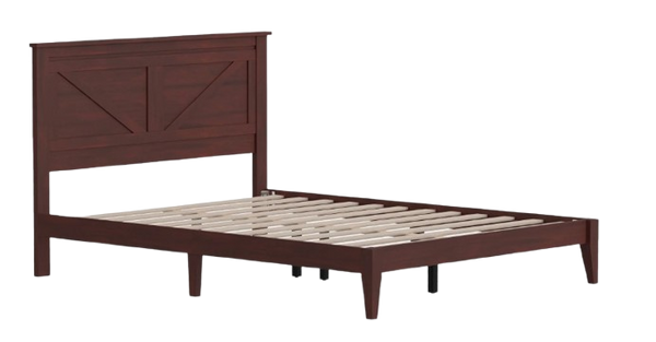 Front Left Side View Of The Rize Home Farmhouse Style Wooden Bed Frame Shown In Classic Cherry Color