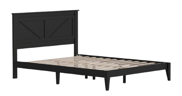 Front Left Side View Of The Rize Home Farmhouse Style Wooden Bed Frame Shown In Ebony Black Color