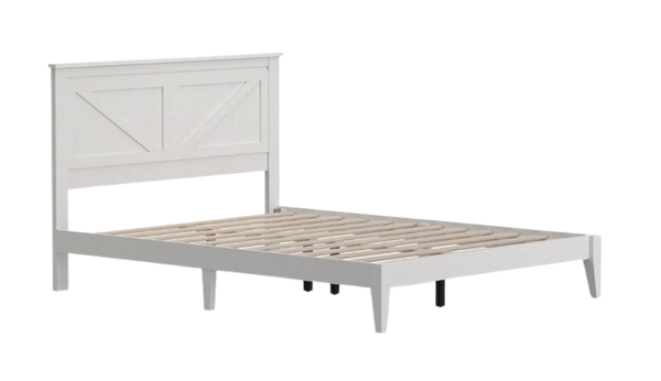 Front Left Side View Of The Rize Home Farmhouse Style Wooden Bed Frame Shown In Gloss White Color