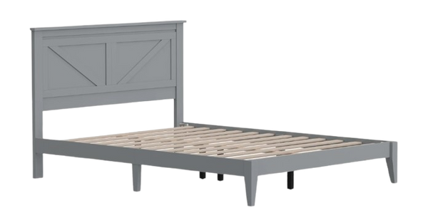 Front Left Side View Of The Rize Home Farmhouse Style Wooden Bed Frame Shown In Ultimate Gray Color