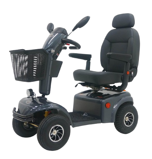 Vista frontal izquierda del scooter de movilidad de 4 ruedas Shoprider Expedition XL 4 Deluxe
