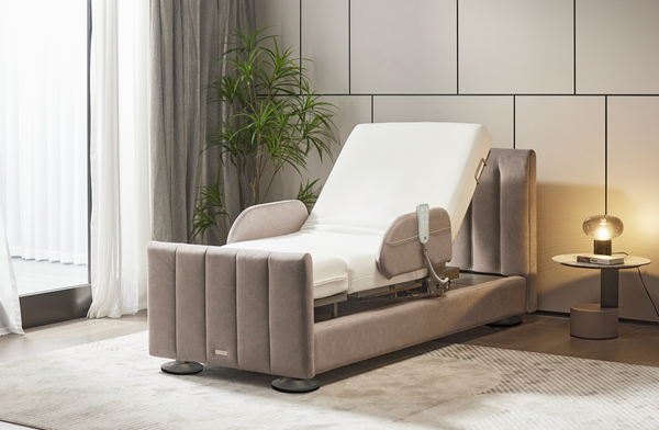 Front Left Side View Of The StarSleep Arlo Rotating Bed With The Head Elevated Shown In A Bedroom Setting