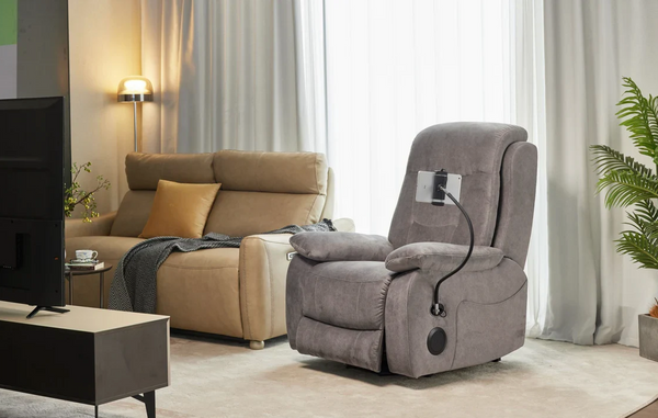 Front Left Side View Of The StarSleep Starise Massage Lift Chair Shown In A Living Room Setting