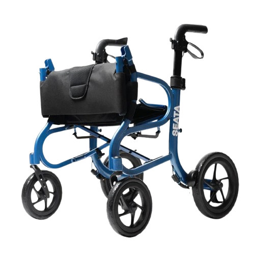 Front Left Side View Of The Strongback Mobility SEATA Rollator Shown With The Backrest Folded
