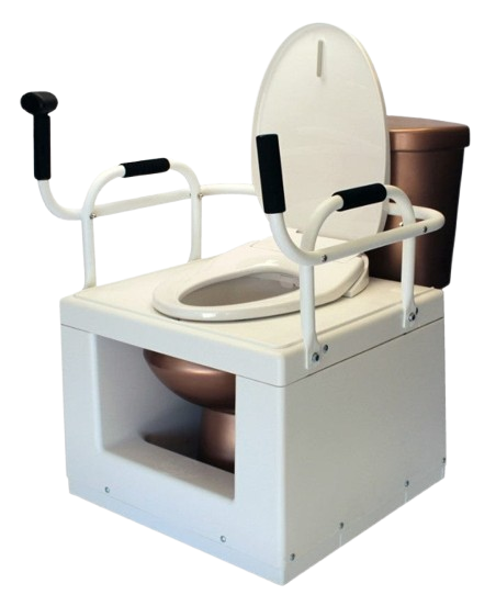 Front Left Side View Of The Throne Buttler Powered Toilet Lift Chair With Base Bidet Seat TLFE003 Shown In The Lowered Position Over A Brown Toilet Bowl