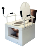 Front Left Side View Of The Throne Buttler Powered Toilet Lift Chair With Base Bidet Seat TLFE003 Shown In The Lowered Position Over A Brown Toilet Bowl