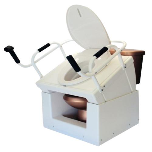 Front Left Side View Of The Throne Buttler Powered Toilet Lift Chair With Base Bidet Seat TLFE003 Shown In The Raised Position Over A Brown Toilet Bowl