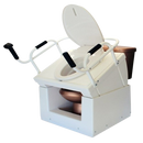 Front Left Side View Of The Throne Buttler Powered Toilet Lift Chair With Base Bidet Seat TLFE003 Shown In The Raised Position Over A Brown Toilet Bowl