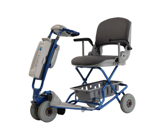 Front Left Side View Of The Tzora Feather Ultra Lightweight Mobility Scooter Shown In The Blue Color