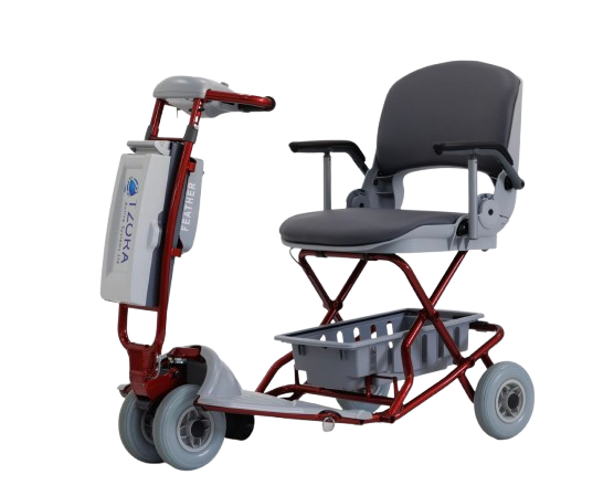 Front Left Side View Of The Tzora Feather Ultra Lightweight Mobility Scooter Shown In The Red Color