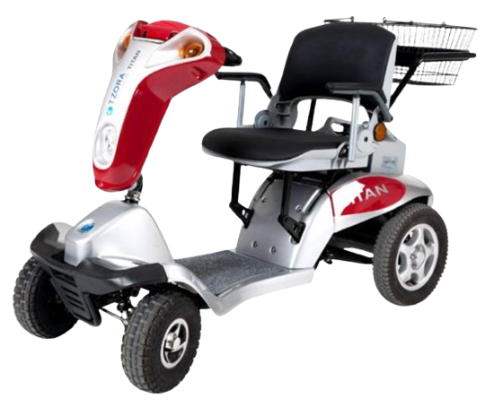Front Left Side View Of The Tzora Titan 4 Hummer Medical Mobility Scooter Shown In Red Color