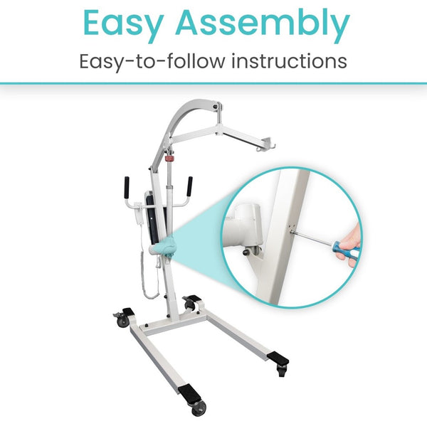 Front Left Side View Of The Vive Health Electric Patient Lift With Text 'Easy Assembly' And 'Easy-To-Follow Instructions'