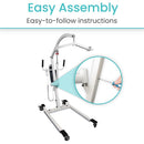 Front Left Side View Of The Vive Health Electric Patient Lift With Text 'Easy Assembly' And 'Easy-To-Follow Instructions'