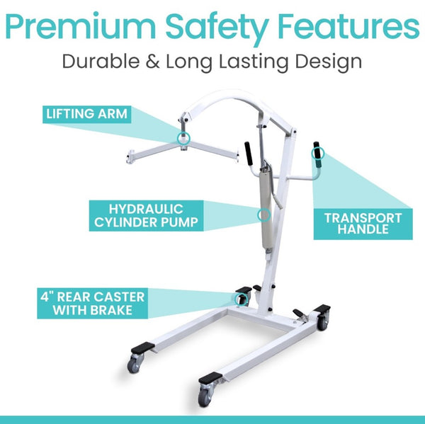Front Left Side View Of The Vive Health Hydraulic Patient Lift With Sling With Features Highlighted With Text 'Premium Safety Features' And 'Durable And Long Lasting Design'