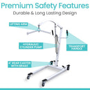 Front Left Side View Of The Vive Health Hydraulic Patient Lift With Sling With Features Highlighted With Text 'Premium Safety Features' And 'Durable And Long Lasting Design'