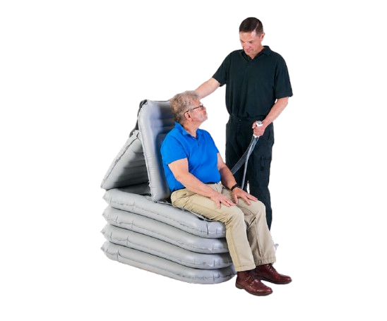 Front Left Side View Of The Winncare Mangar Eagle With Airflo 24 Shown In The Inflated Position With A Healthcare Worker Assisting A Patient