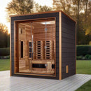 Front Left Side View Shown In An Outdoor Setting Of The Golden Designs Visby 3-Person Hybrid Outdoor Sauna | GDI-8223-01