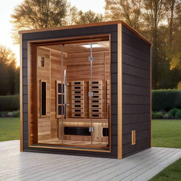 Front Left Side View Shown In An Outdoor Setting Of The Golden Designs Visby 3-Person Hybrid Outdoor Sauna | GDI-8223-01