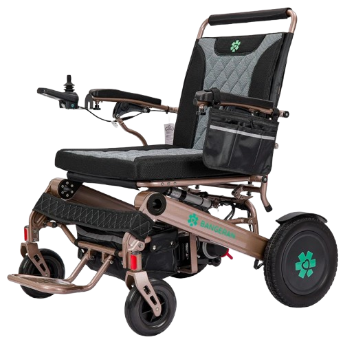 Front Left View Of The Bangeran Mammoth EX Automatic Folding Electric Wheelchair Shown In Brown And Teal Color