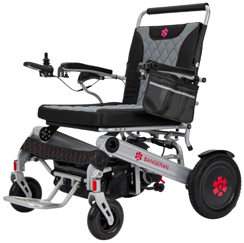 Front Left View Of The Bangeran Mammoth EX Automatic Folding Electric Wheelchair Shown In Silver And Red Color