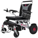 Front Left View Of The Bangeran Mammoth EX Automatic Folding Electric Wheelchair Shown In Silver And Red Color