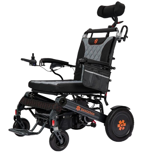 Front Left View Of The Bangeran Mammoth EX Automatic Recline Electric Wheelchair Shown In Black And Orange Color