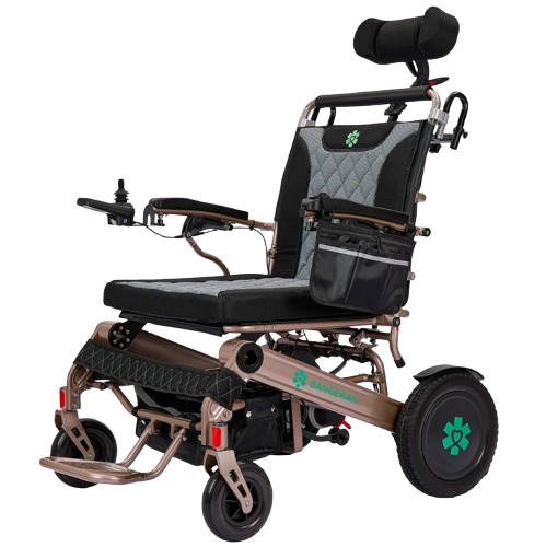 Front Left View Of The Bangeran Mammoth EX Automatic Recline Electric Wheelchair Shown In Brown And Teal Color