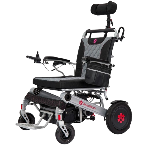 Front Left View Of The Bangeran Mammoth EX Automatic Recline Electric Wheelchair Shown In Silver And Red Color