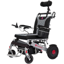 Front Left View Of The Bangeran Mammoth EX Automatic Recline Electric Wheelchair Shown In Silver And Red Color