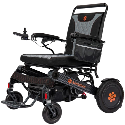Front Left View Of The Bangeran Mammoth EX Electric Wheelchair Shown With Black And Orange Color