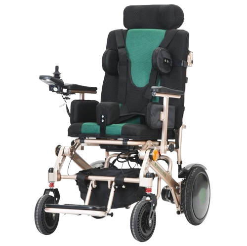 Front Left View Of The Bangeran Pegasus Cerebral Palsy Kids Electric Wheelchair Shown In Green Color