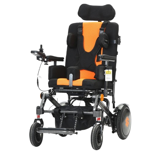 Front Left View Of The Bangeran Pegasus Cerebral Palsy Kids Electric Wheelchair Shown In Orange Color