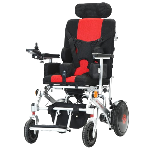 Front Left View Of The Bangeran Pegasus Cerebral Palsy Kids Electric Wheelchair Shown In Red Color