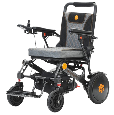 Front Left View Of The Bangeran Pegasus Kids Pediatric Electric Wheelchair Shown In Black And Orange Color