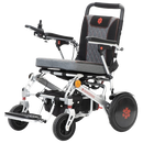 Front Left View Of The Bangeran Pegasus Kids Pediatric Electric Wheelchair Shown In Silver And Red Color